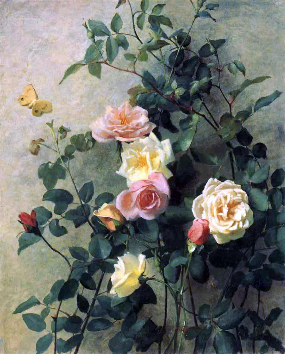 George Cochran Lambdin Roses on a Wall - Canvas Print