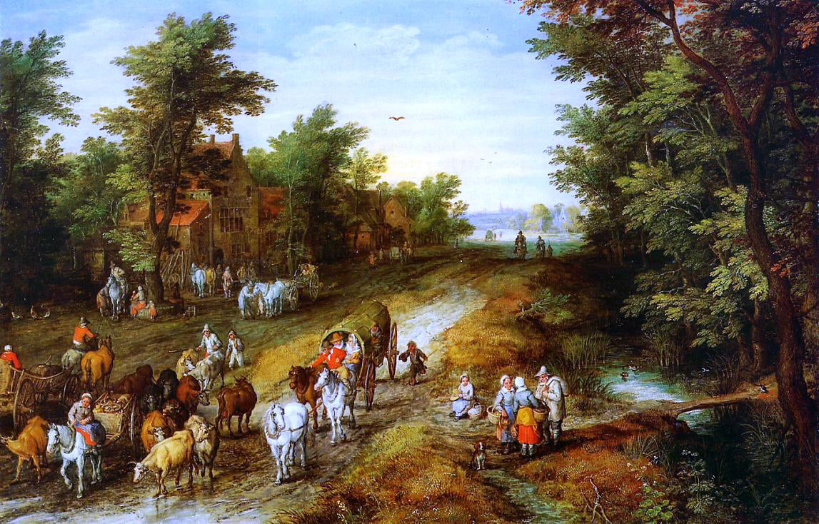The Elder Jan Bruegel Rustic Landscape with Inn and Travellers - Canvas Print