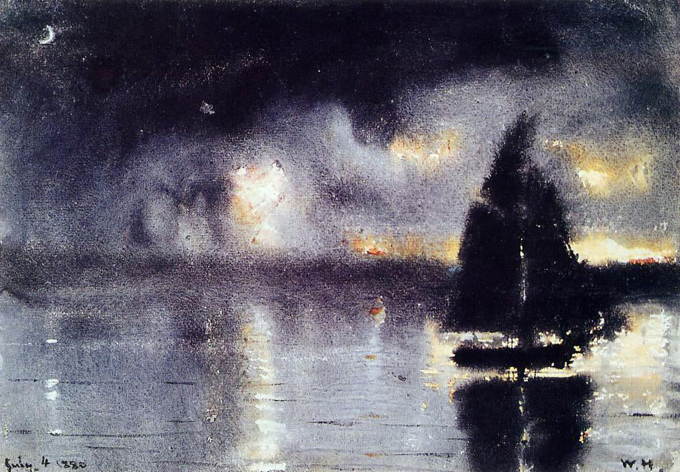 Winslow Homer Sailboat and Fourth of July Fireworks - Canvas Print