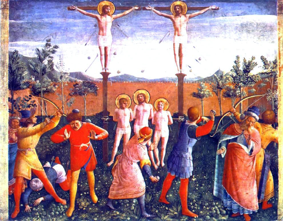 Fra Angelico Saint Cosmas and Saint Damian Crucifixed and Stoned (San Marco Altarpiece) - Canvas Print