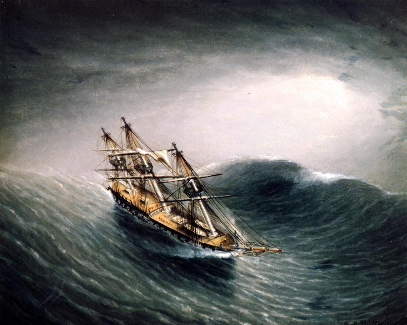 James E Buttersworth A Schooner in a Stormy Sea - Canvas Print