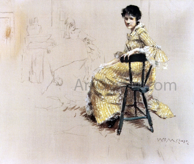William Merritt Chase Seated Woman in Yello Striped Gown - Canvas Print