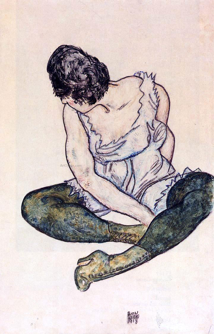 Egon Schiele Seated Woman with Green Stockings - Canvas Print