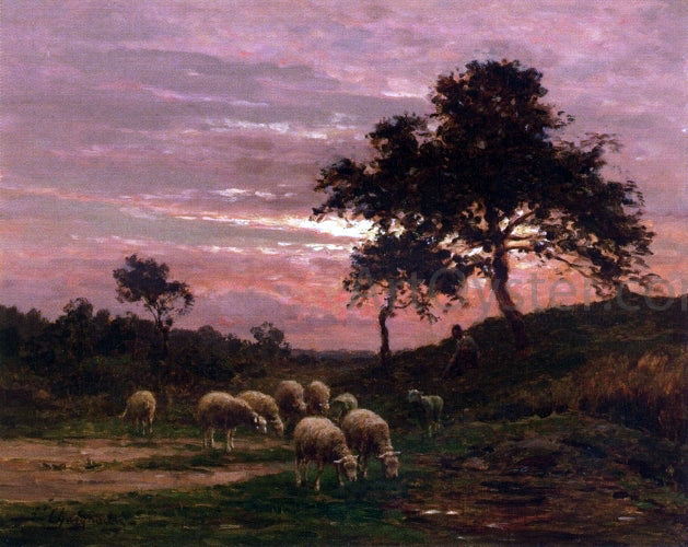 Jean Ferdinand Chaigneau Shepherd and his Flock at Sunset - Canvas Print