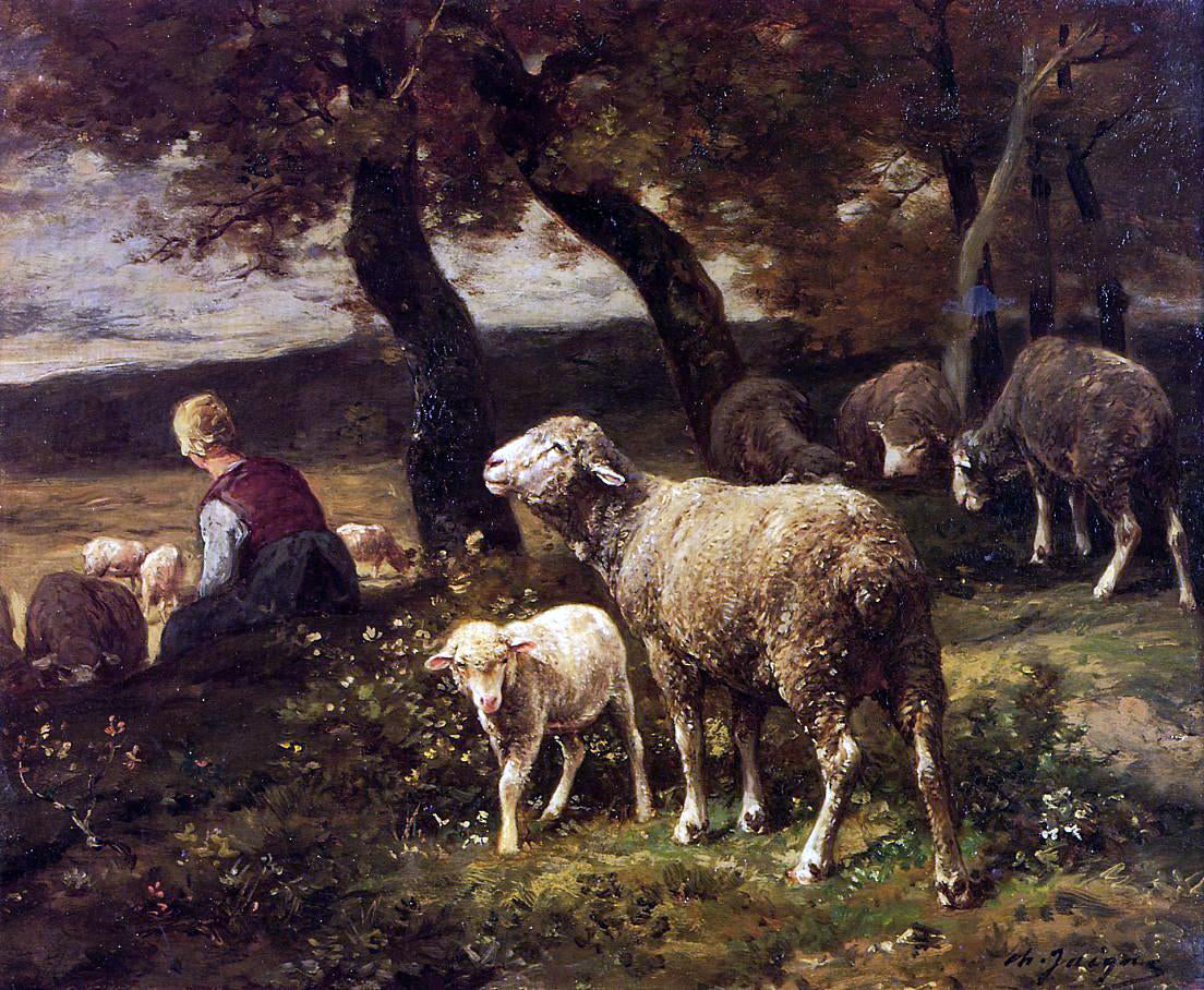 Charles Emile Jacque Shepherdess and Sheep - Canvas Print