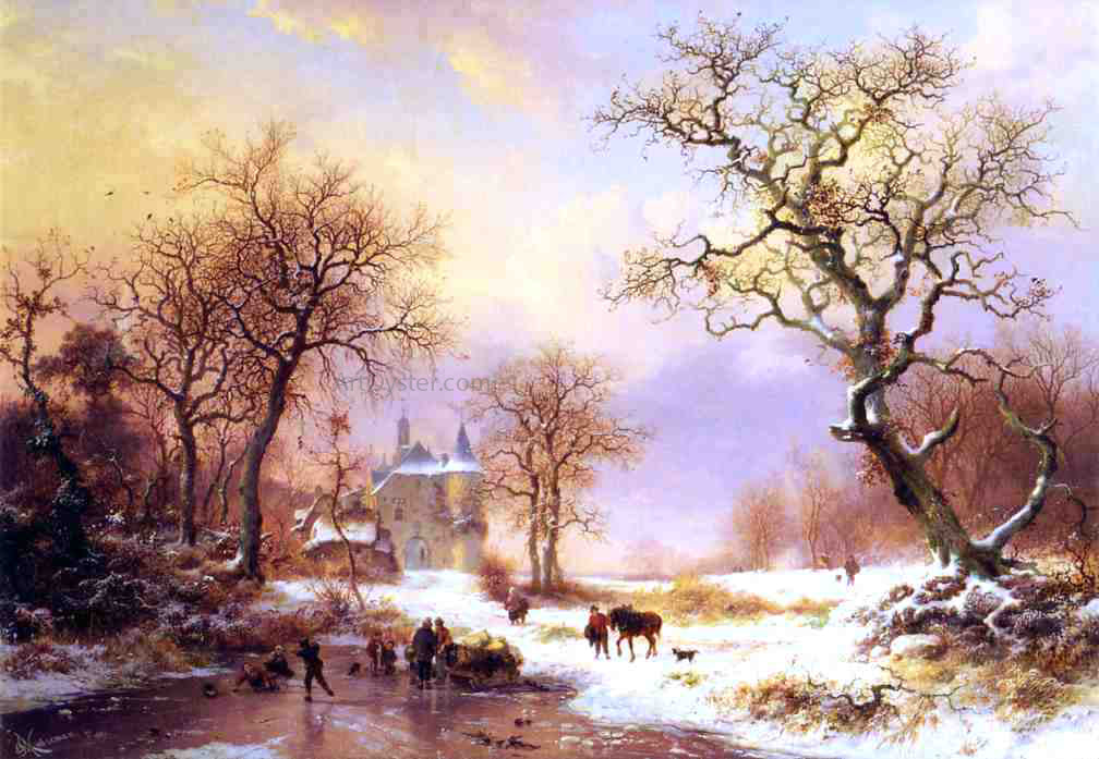 Frederk M Kruseman Skaters in a Winter Landscape - Canvas Print