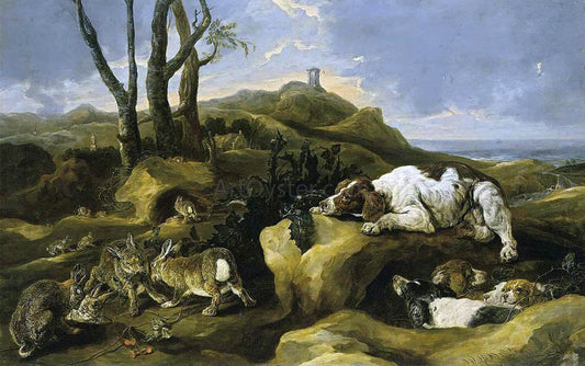 Jan Fyt Spaniels Stalking Rabbits in the Dunes - Canvas Print