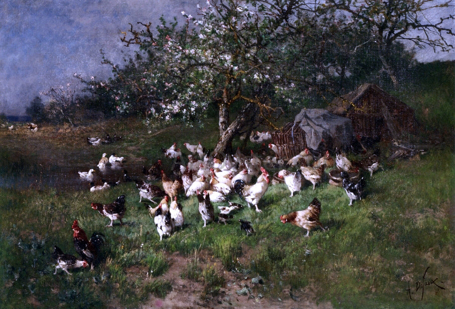 Alexandre Defaux Spring, Chickens under Flowering Apple Trees - Canvas Print