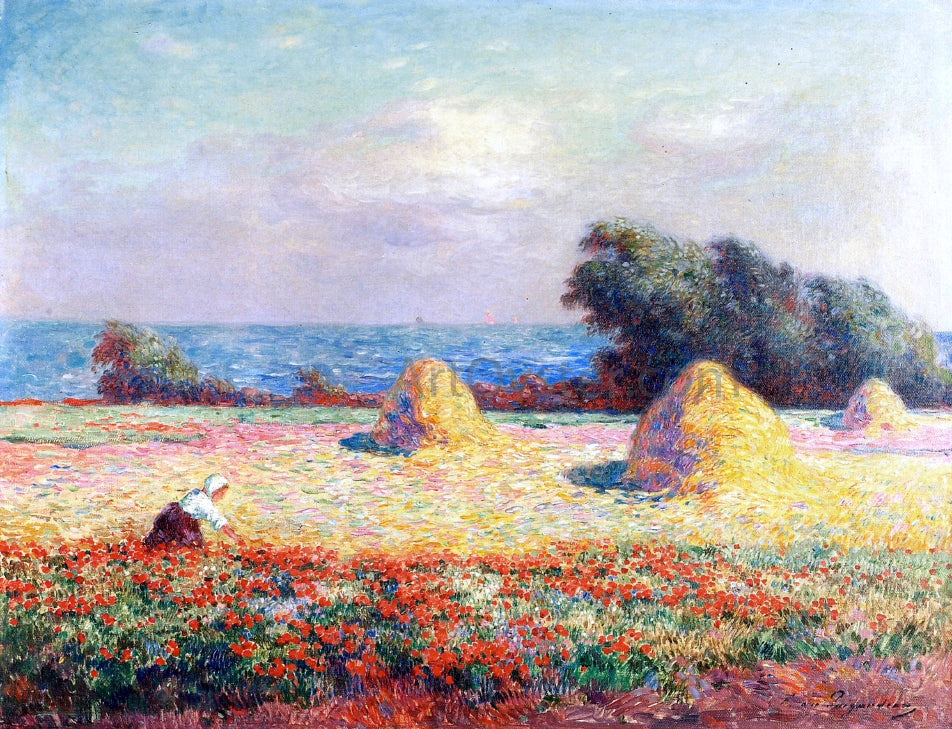 Ferdinand Du Puigaudeau Stacks of Hay and Field of Poppies - Canvas Print