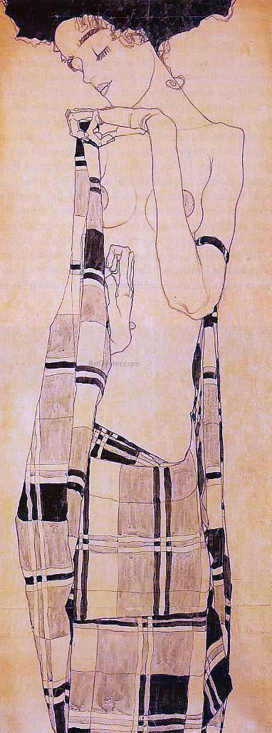 Egon Schiele Standing Girl in a Plaid Garment - Canvas Print