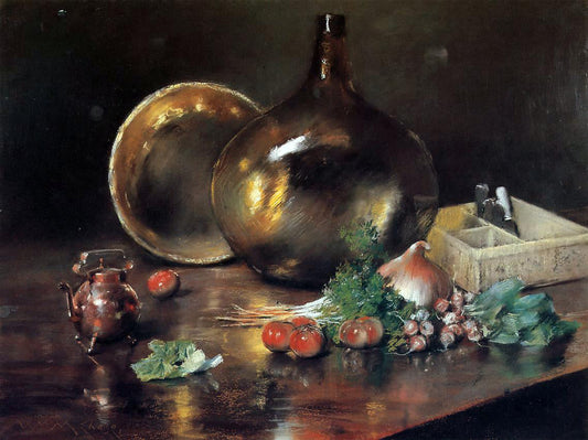 William Merritt Chase Still Life - Brass and Glass - Canvas Print