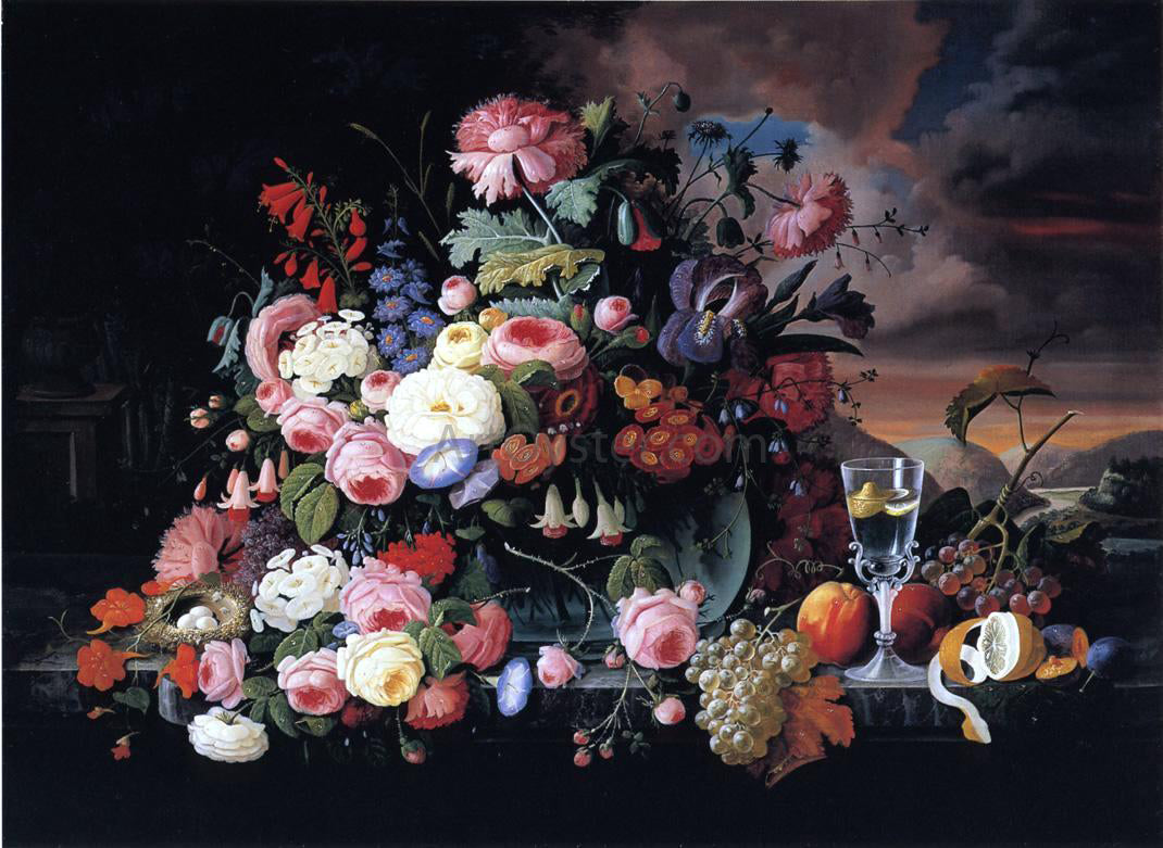 Severin Roesen Still Life of Flowers and Fruit with a River Landscape in the Distance - Canvas Print
