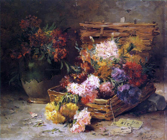 Eugene Henri Cauchois Still Life of Flowers in a Vase and a Basket - Canvas Print