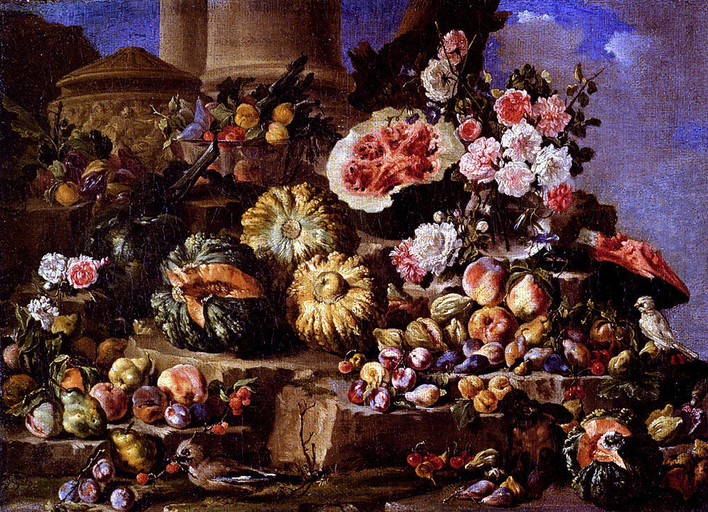 Michele Pace Del Campidoglio Still Life Of Fruit And Flowers On A Stone Ledge With Birds And A Monkey - Canvas Print