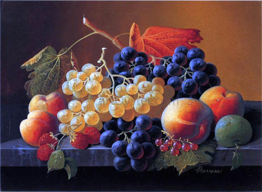 Severin Roesen Still Life of Fruit on a Marble Tabletop - Canvas Print