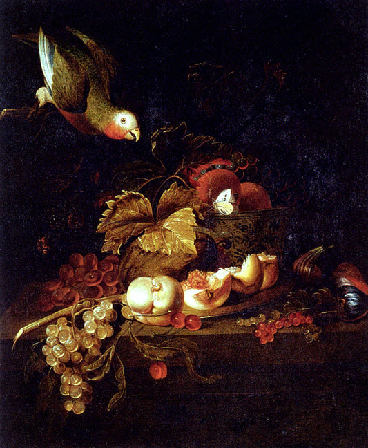 Jakob Bogdany Still Life Of Grapes, A Halved Peach And Cherries Resting On A Table With A Parrot - Canvas Print