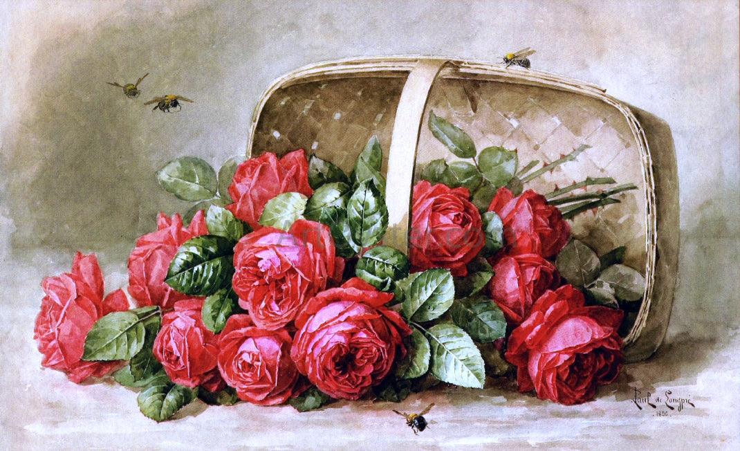 Raoul Paul Maucherat De Longpre Still Life, Roses with Bumble Bees - Canvas Print