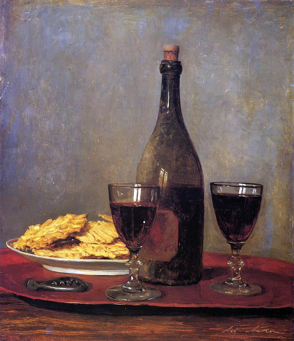Albert Anker Still Life: Two Glass of Red Wine, a Bottle of Wine; a Corkscrew and a Plate of Biscuits on a Tray - Canvas Print