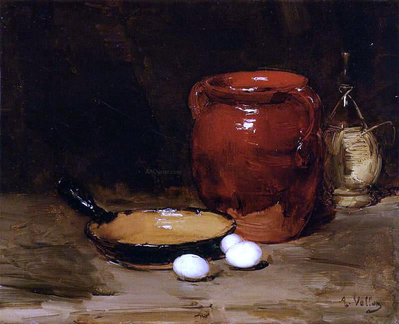 Antoine Vollon Still Life with a Pen, Jug, Bottle and Eggs on a Table - Canvas Print