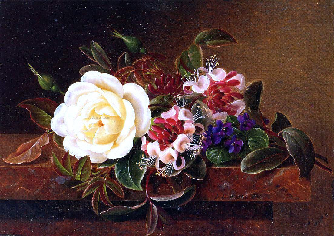 Johan Laurentz Jensen Still Life with a Rose and Violets on a Marble Ledge - Canvas Print