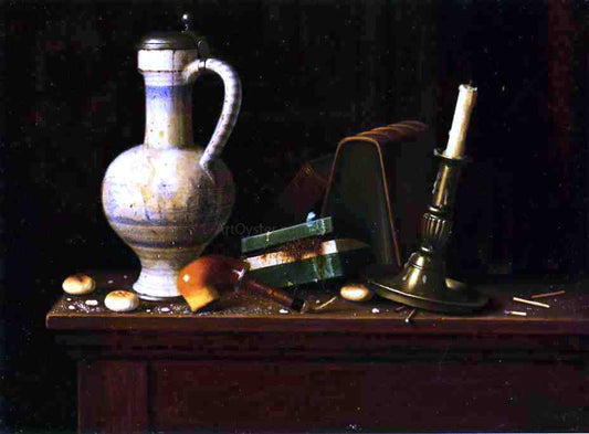 William Michael Harnett Still Life with Blue and White Pitcher, Tobacco Case and Pipe - Canvas Print
