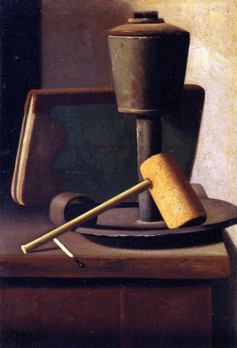 John Frederick Peto Still Life with Book, Lamp, Pipe and Match - Canvas Print