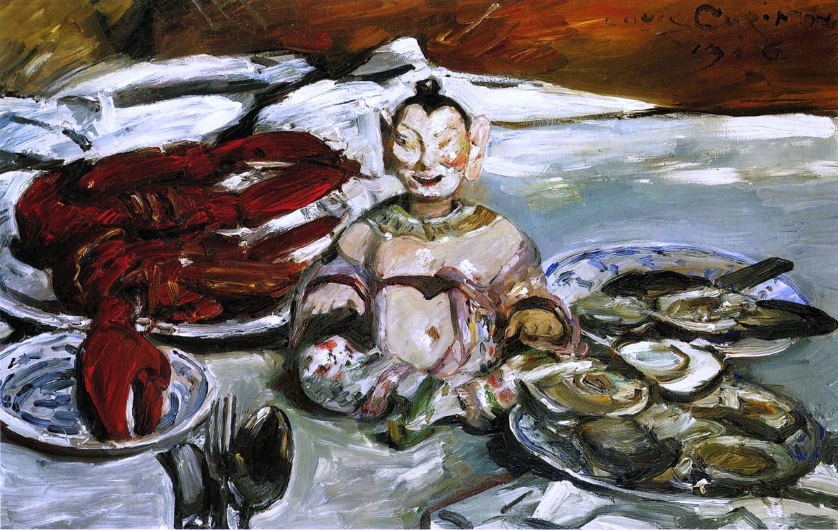Lovis Corinth Still Life with Buddha, Lobsters and Oysters - Canvas Print