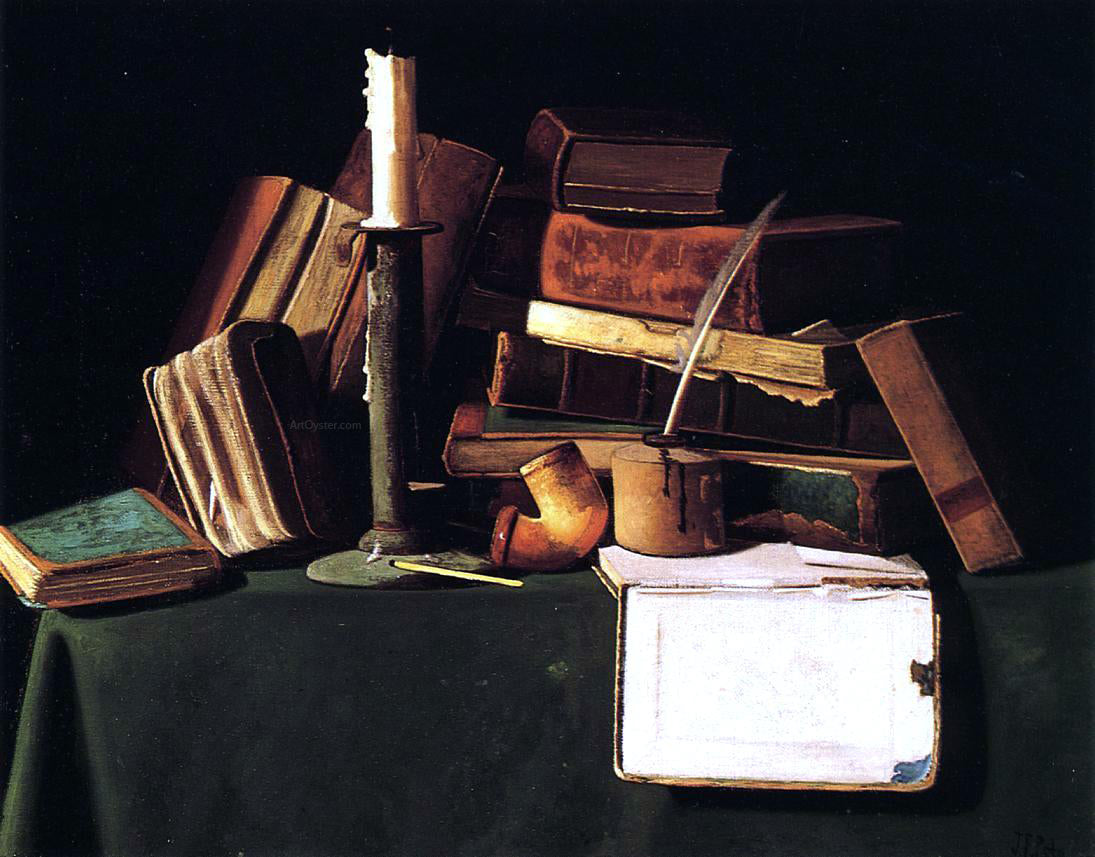 John Frederick Peto Still Life with Candle, Pipe and Books - Canvas Print