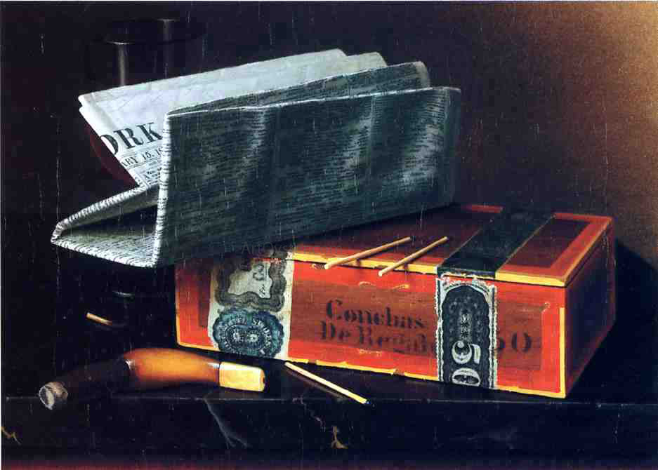 William Michael Harnett Still Life with Cigar, Pipe, New York Herald and Wine Glass - Canvas Print