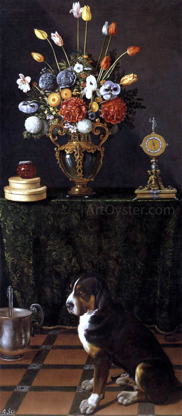 Juan Van der Hamen Still Life with Flowers and a Dog - Canvas Print