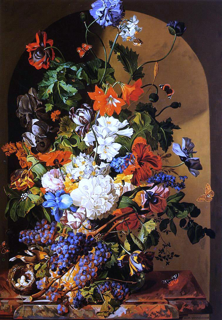 Leopold Zinnogger Still Life with Flowers and Grapes - Canvas Print