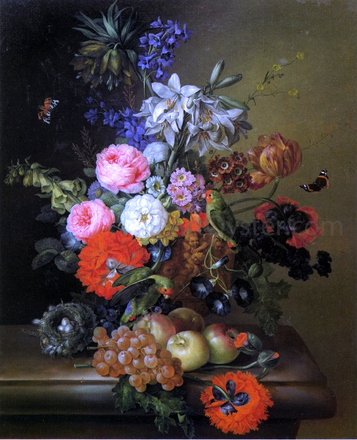Franz Xavier Petter Still Life with Flowers, Parakeets and Butterflies - Canvas Print