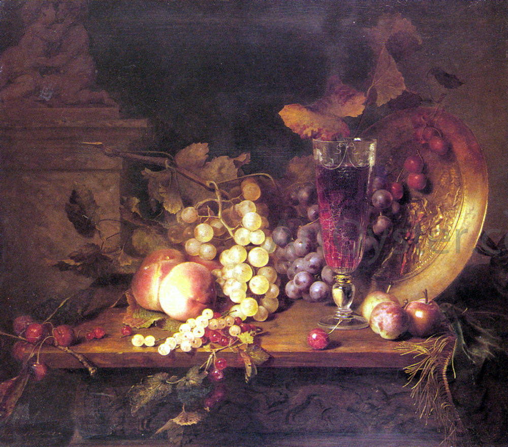 Blaise Alexandre Desgoffe Still Life with Fruit, a Glass of Wine and a Bronze Vessel on a Ledge - Canvas Print