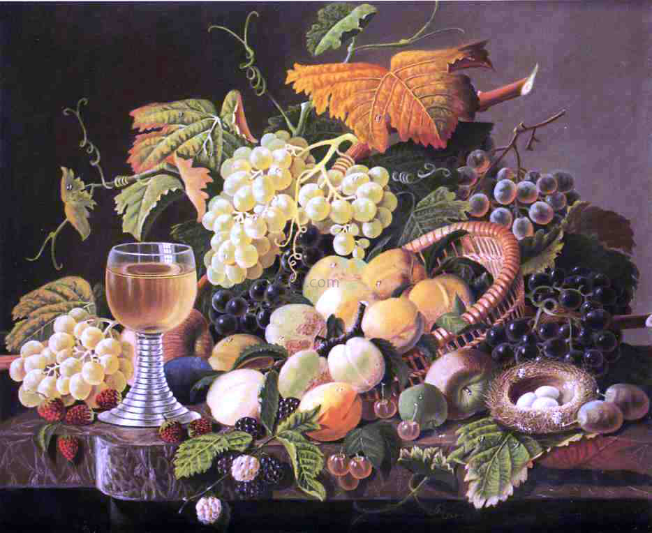 Severin Roesen Still Life with Fruit, Bird's Nest and Wine Glass - Canvas Print