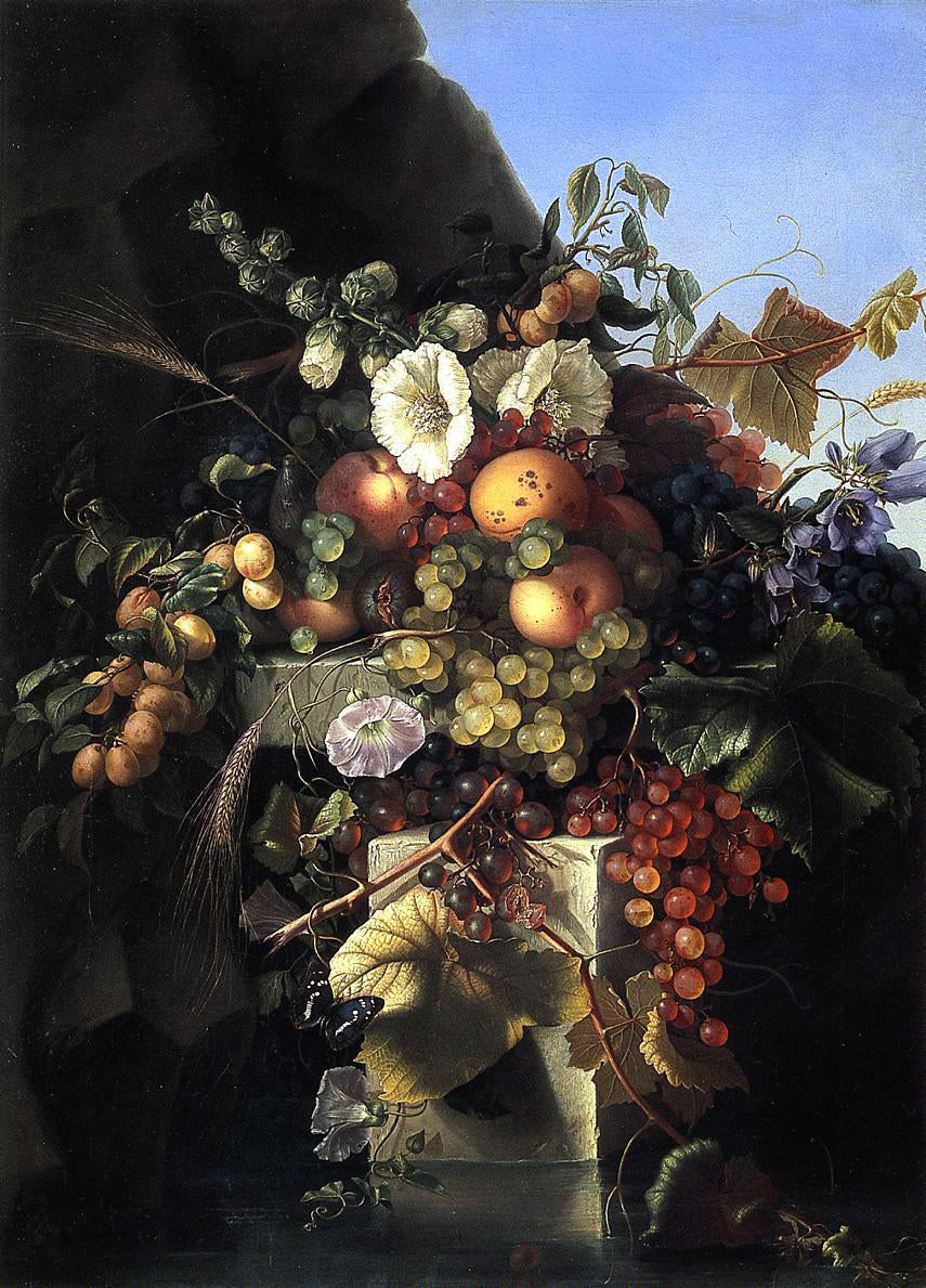 Adelheid Dietrich Still Life with Grapes, Peaches, Flowers and a Butterfly - Canvas Print