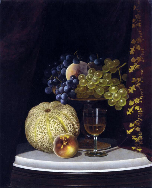 William Mason Brown Still Life with Melon, Peach, Fruit-Filled Compote and Glass of Wine on a Marble Table Top - Canvas Print
