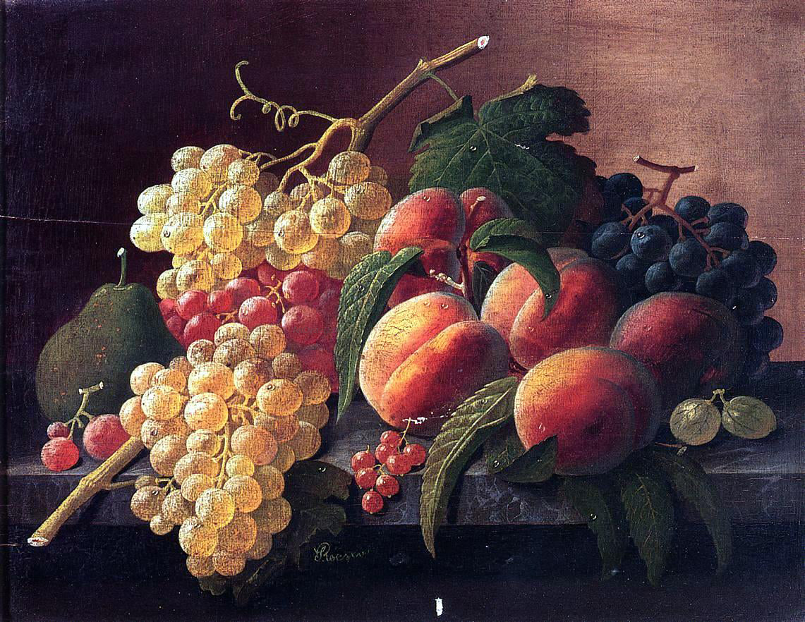 Severin Roesen Still Life with Peaches, Grapes and a Pear - Canvas Print