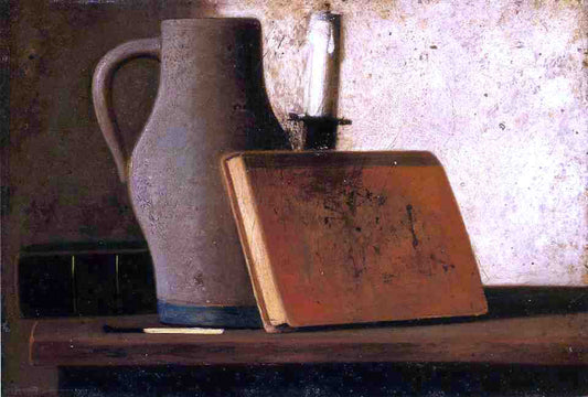 John Frederick Peto Still Life with Pitcher, Candlestock, Books and Match - Canvas Print