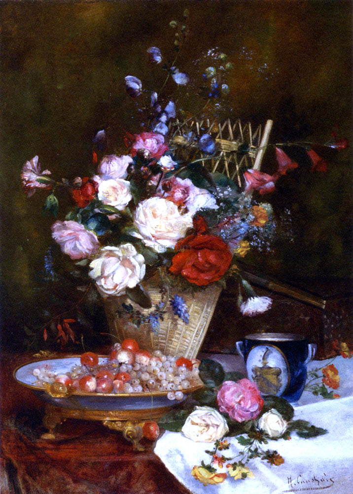 Eugene Henri Cauchois Still Life With Roses, Cherries And Grapes - Canvas Print