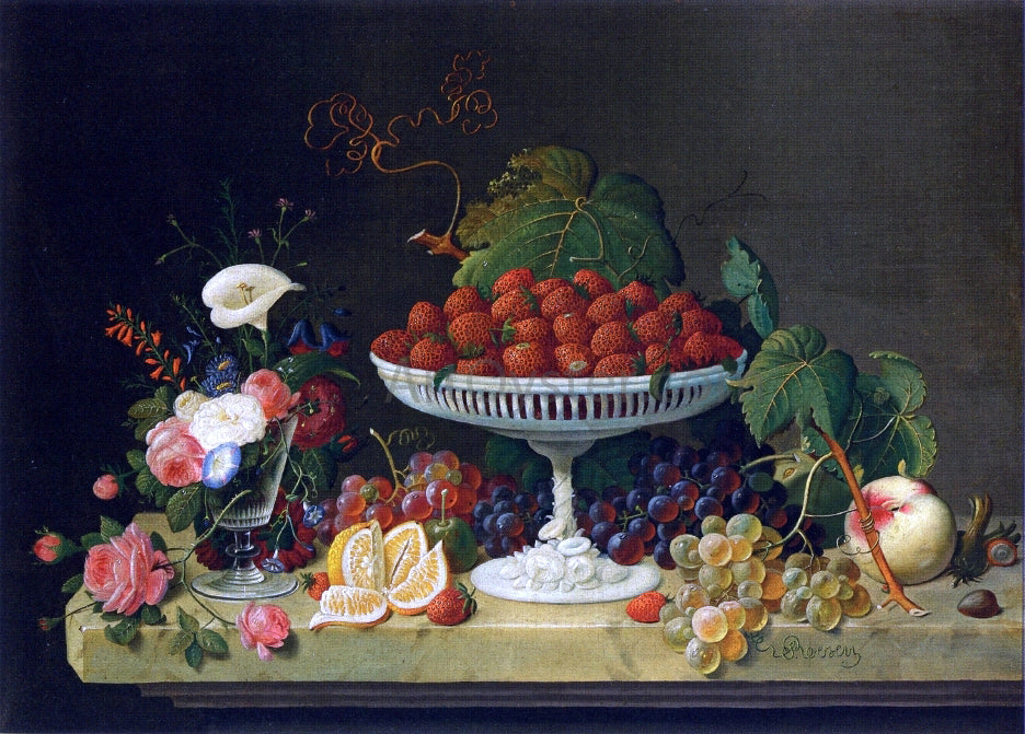 Severin Roesen Still Life with Strawberries and Goblet of Flowers - Canvas Print