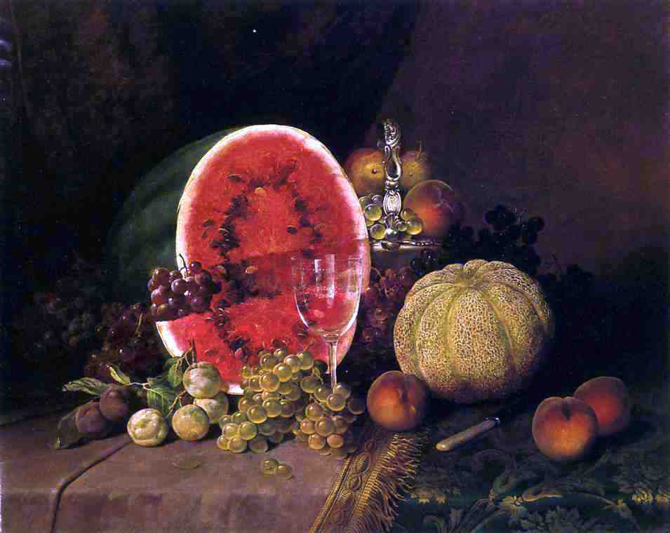 William Mason Brown Still Life with Watermelon, Grapes, Peaches, Plums and Cantaloupe - Canvas Print