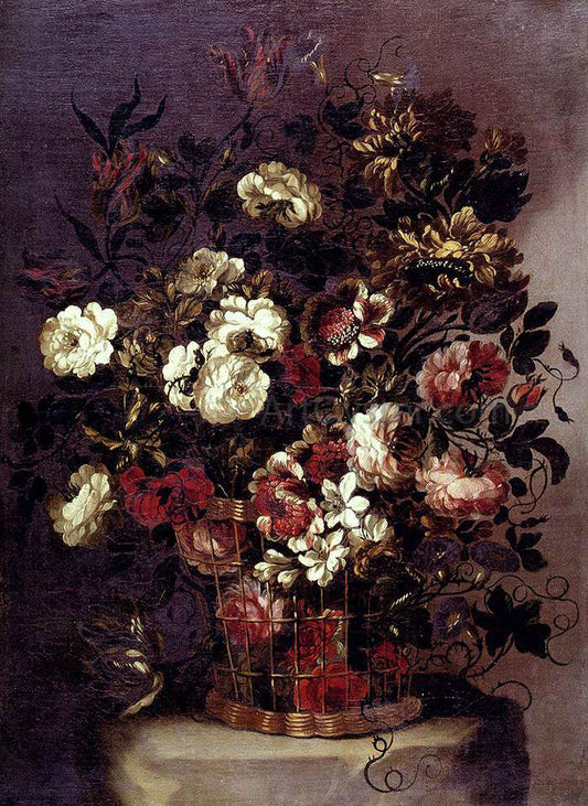Gabriel De La Corte Still-Life of Flowers in a Woven Basket - Canvas Print
