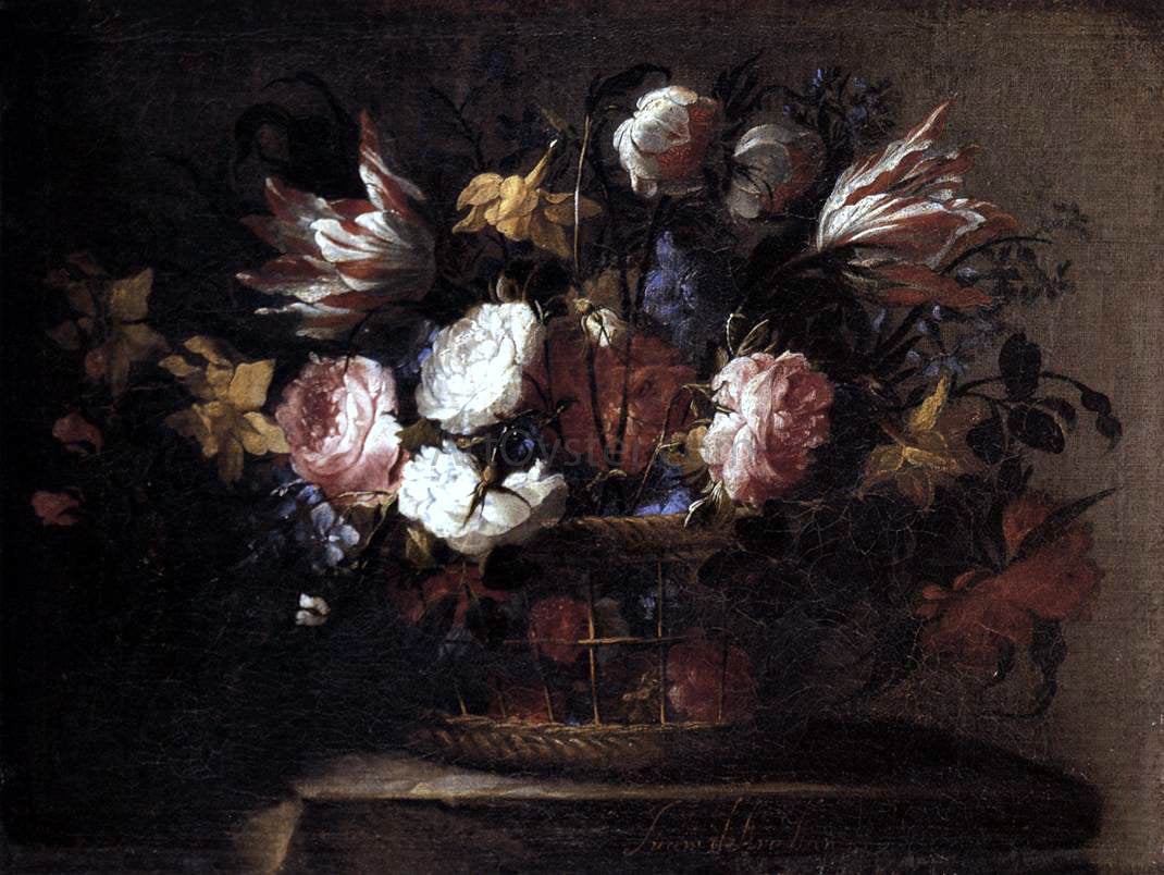 Juan De Arellano Still-Life with a Basket of Flowers - Canvas Print