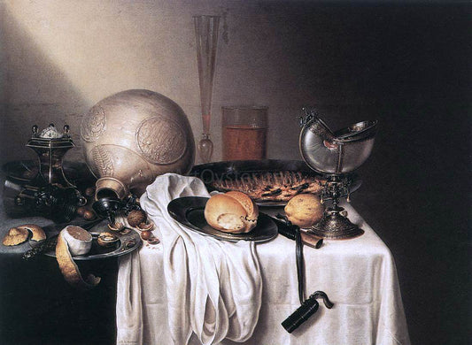 Maerten Boelema De Stomme Still-Life with a Bearded Man Crock and a Nautilus Shell Cup - Canvas Print