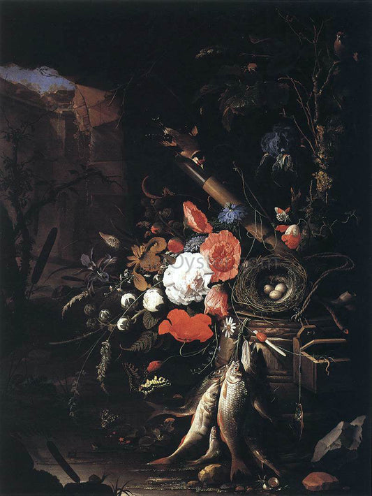 Abraham Mignon Still-Life with Fishes and Bird Nest - Canvas Print