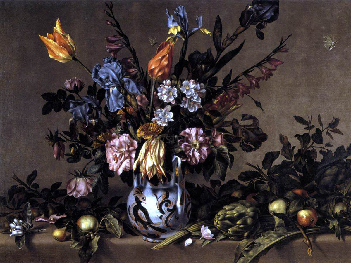Antonio Ponce Still-Life with Flowers, Artichokes and Fruit - Canvas Print