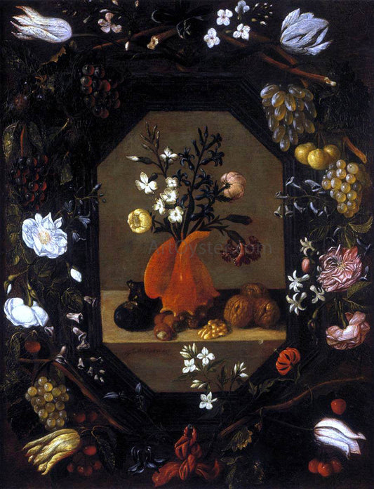 Juan De Espinosa Still-Life with Flowers with a Garland of Fruit and Flowers - Canvas Print
