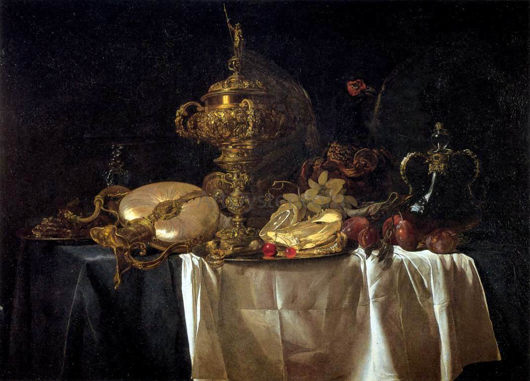 Willem Van Aelst Still-Life with Fruit, Parrot, and Nautilus Pitcher - Canvas Print