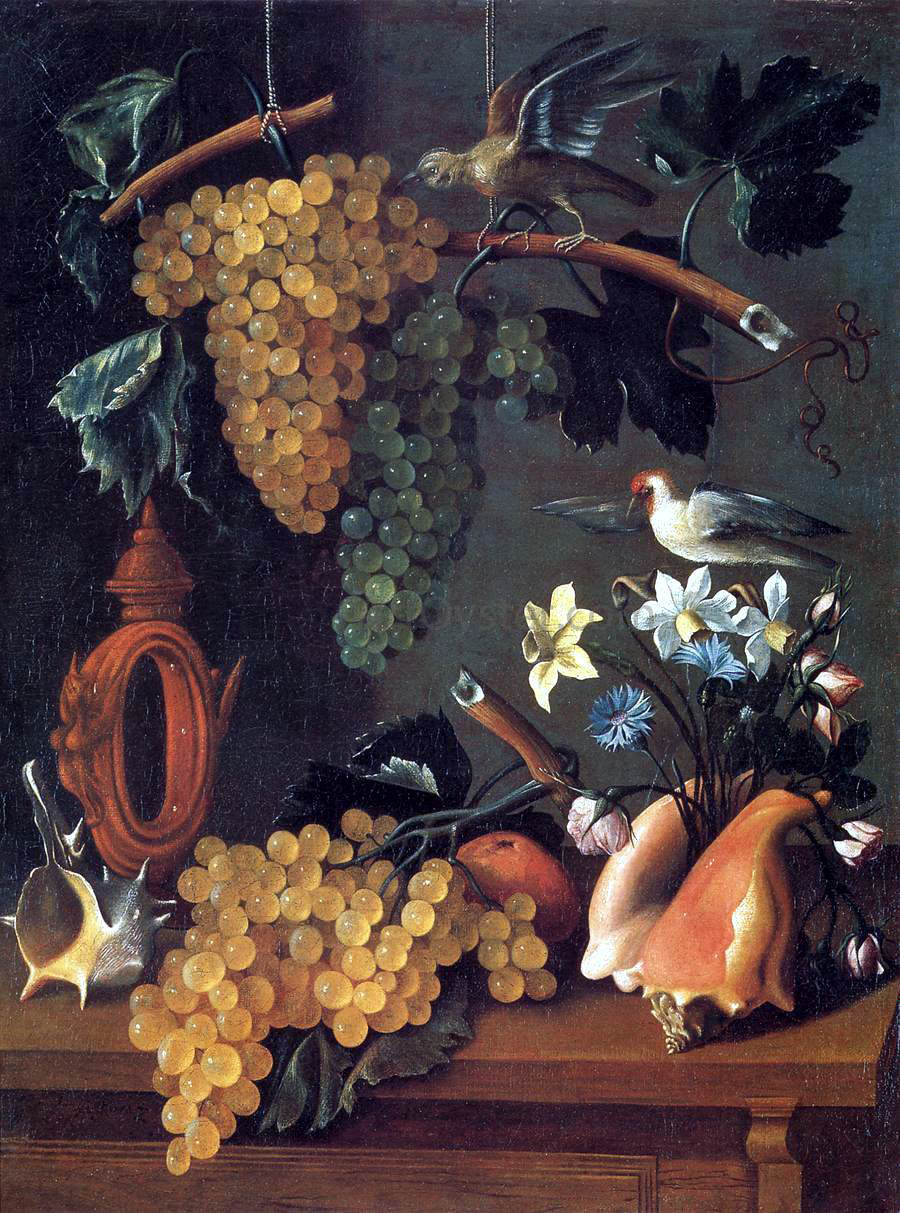 Juan De Espinosa Still-Life with Grapes, Flowers and Shells - Canvas Print