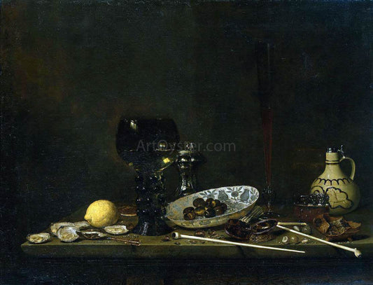 Jan Jansz Van de Velde Still-Life with Romer, Flute Glass, Earthenware Jug and Pipes - Canvas Print